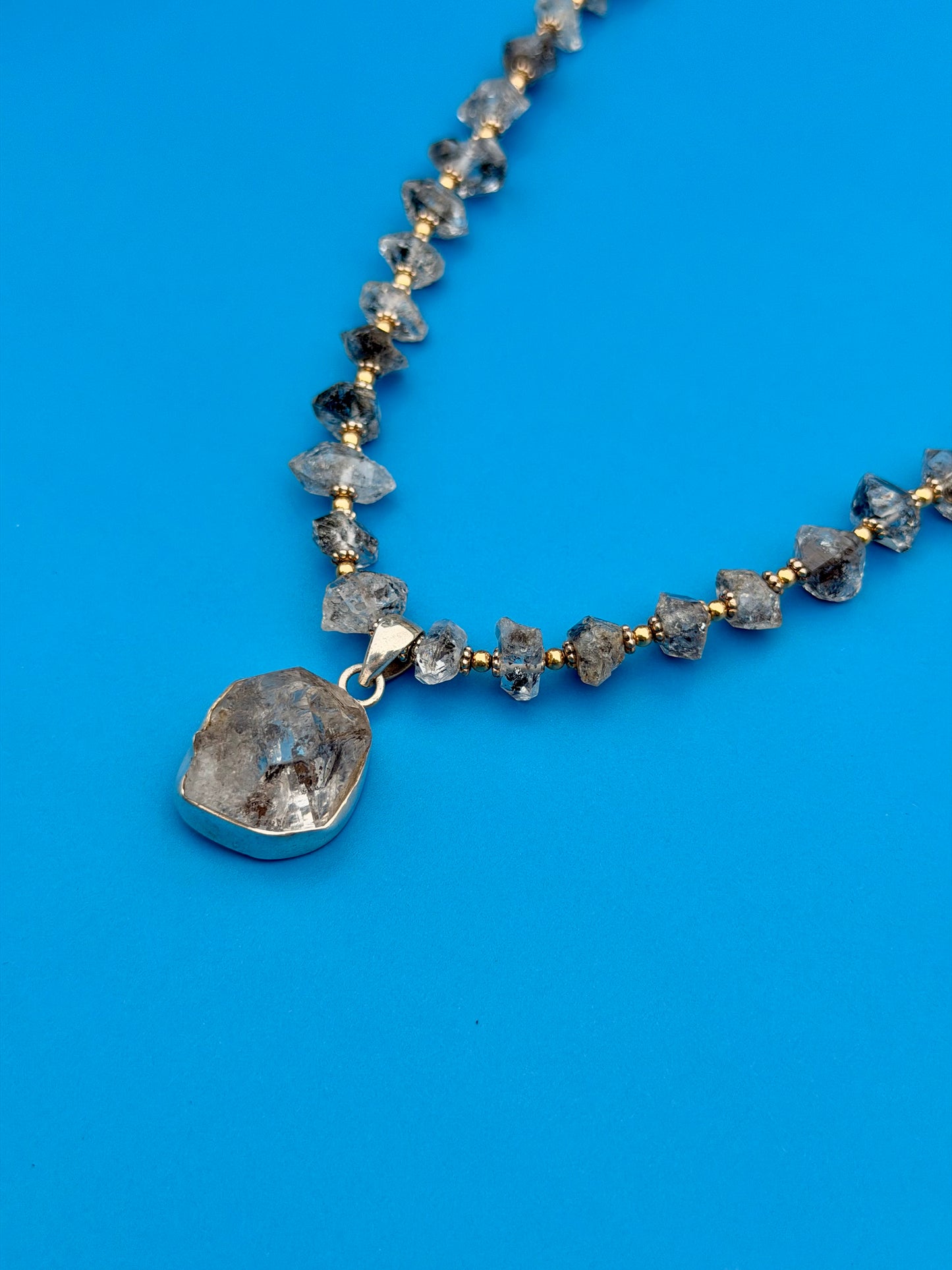 Goldfilled Salt & Pepper Chunky Herkimer Diamond Strand With Sterling Silver Herkimer Diamond Pendant