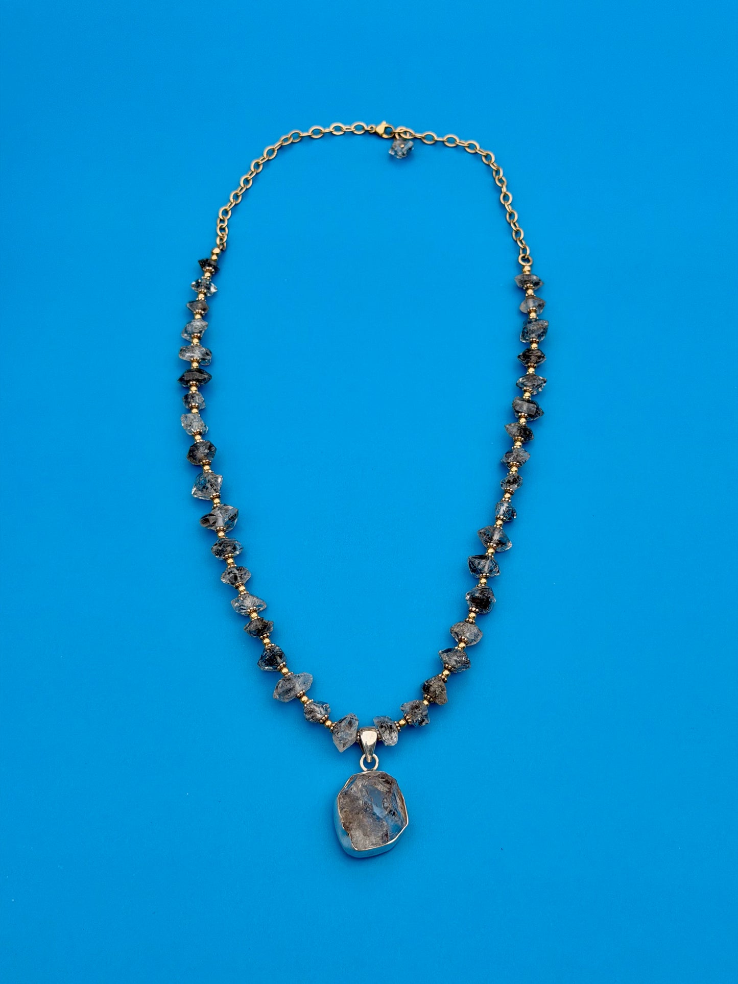 Goldfilled Salt & Pepper Chunky Herkimer Diamond Strand With Sterling Silver Herkimer Diamond Pendant