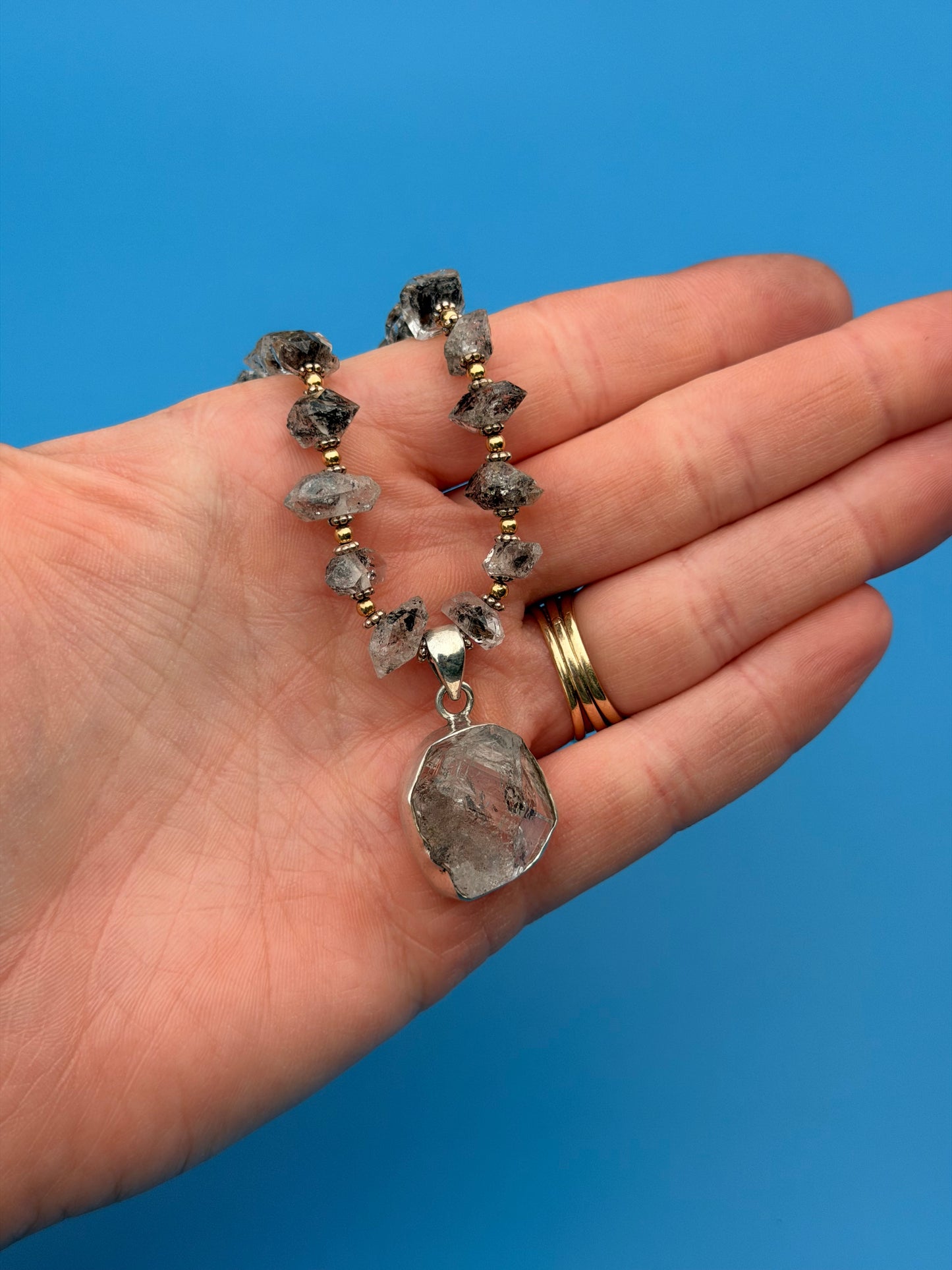 Goldfilled Salt & Pepper Chunky Herkimer Diamond Strand With Sterling Silver Herkimer Diamond Pendant
