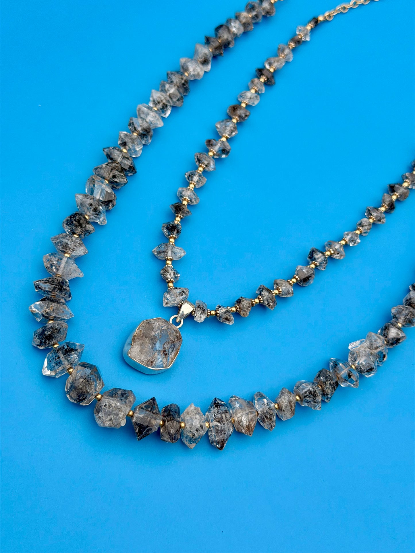 Goldfilled Salt & Pepper Chunky Herkimer Diamond Strand With Sterling Silver Herkimer Diamond Pendant