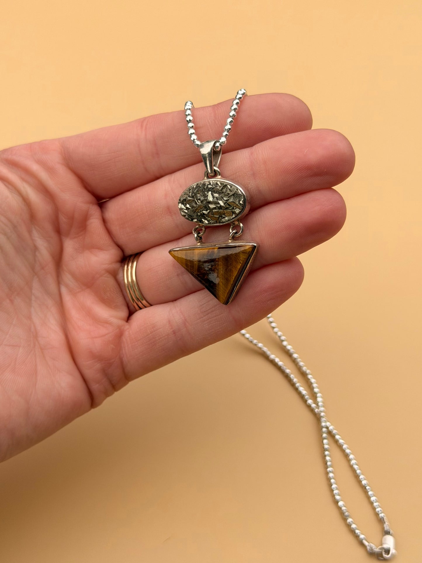 Tigers Eye & Pyrite On Silver Beaded Strand