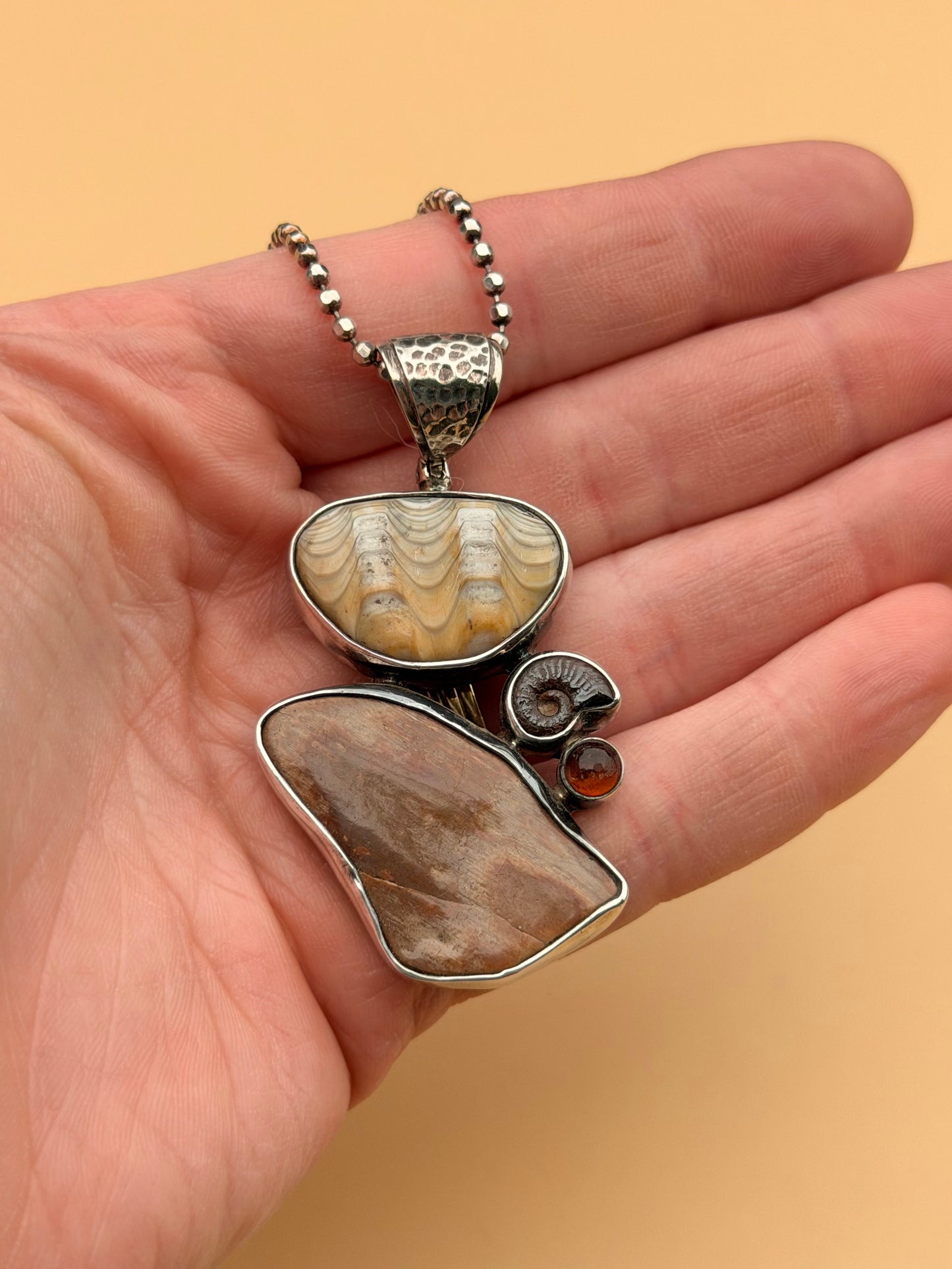 Petrified Wood, Amber, Ammonite & Fossilized Clam Necklace