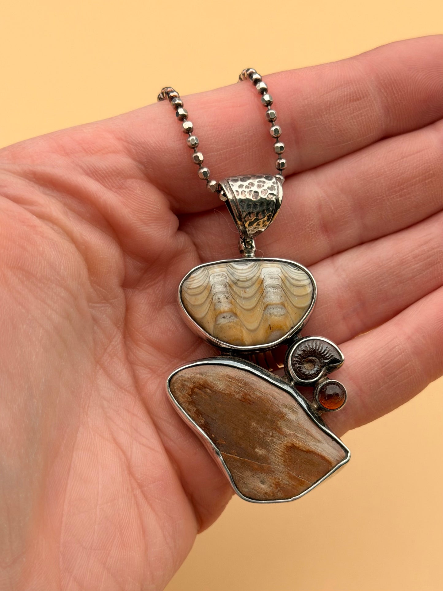 Petrified Wood, Amber, Ammonite & Fossilized Clam Necklace