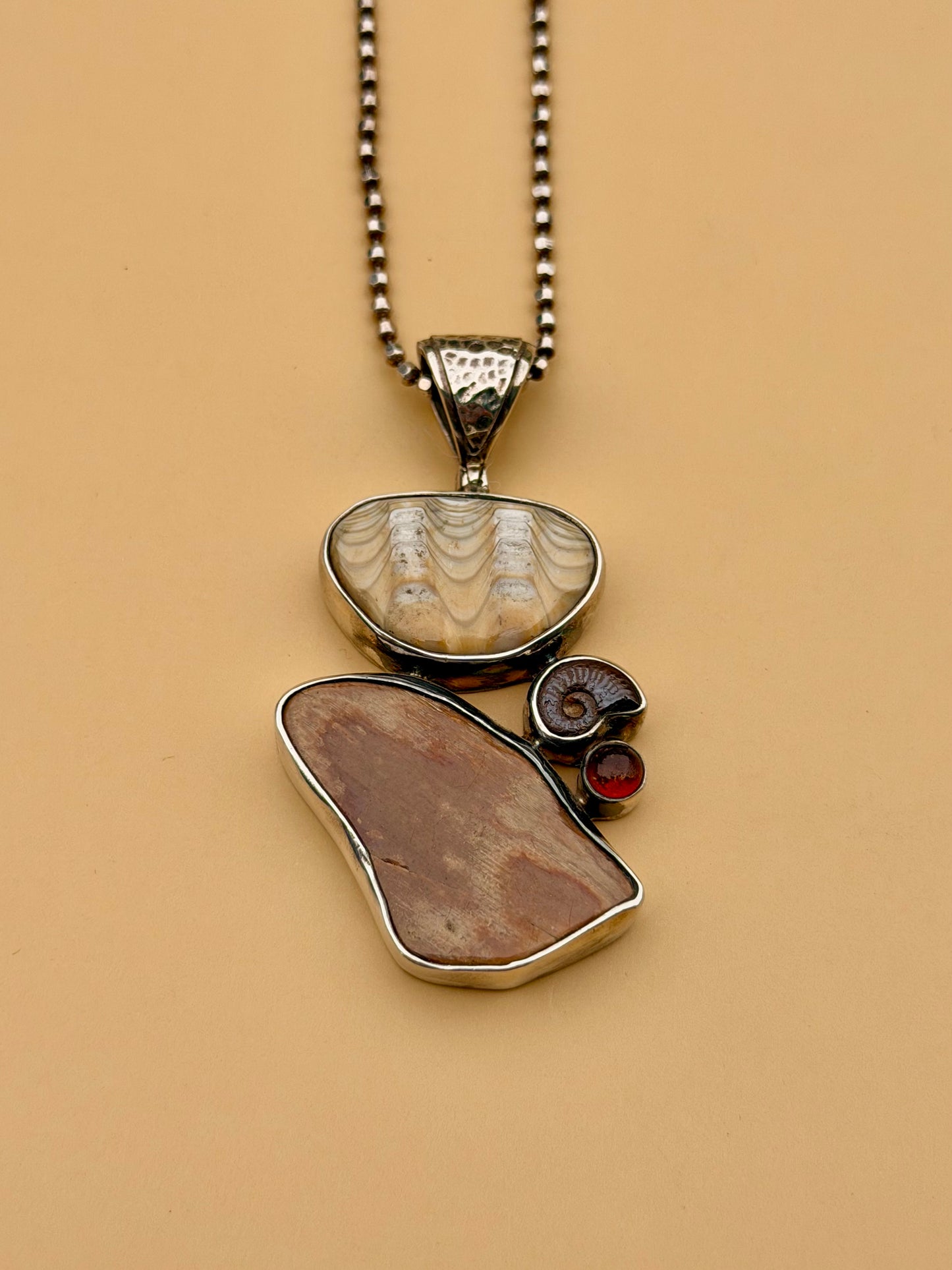 Petrified Wood, Amber, Ammonite & Fossilized Clam Necklace