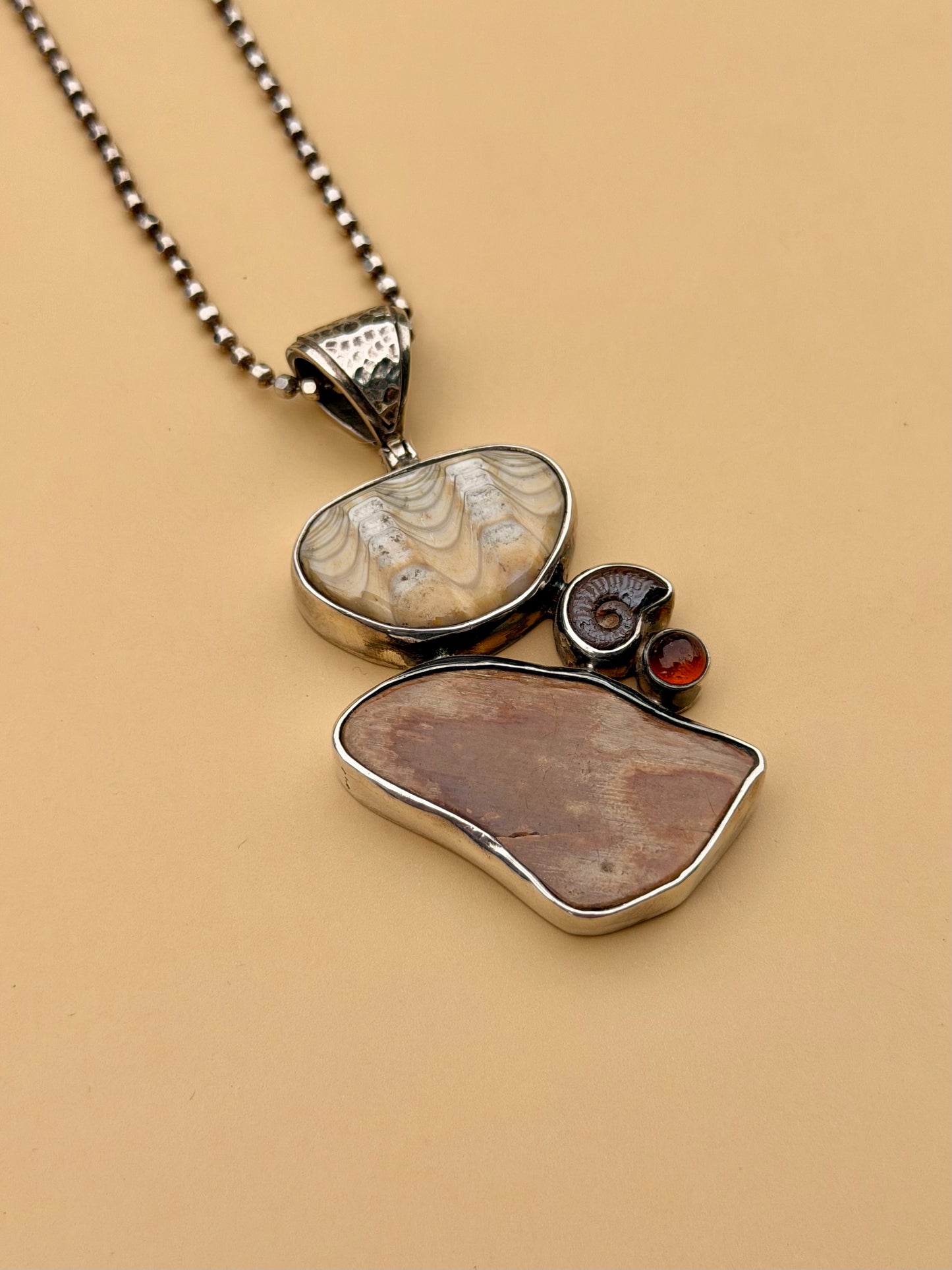 Petrified Wood, Amber, Ammonite & Fossilized Clam Necklace