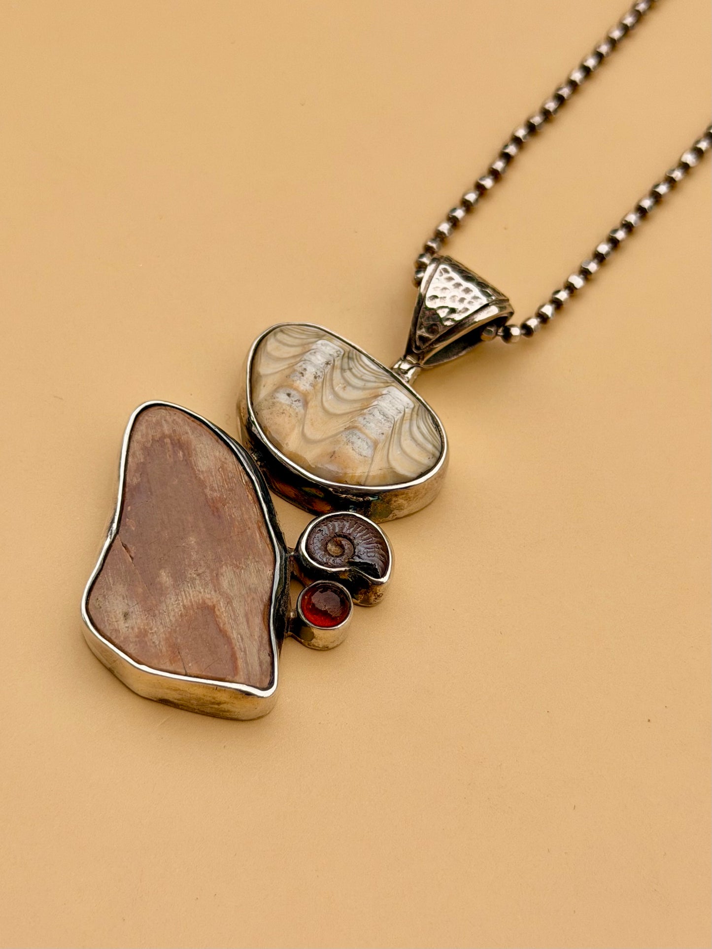 Petrified Wood, Amber, Ammonite & Fossilized Clam Necklace